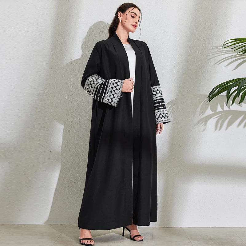 Fashion Luxury Embroidery Kimono Muslim Robe Abaya Syari Female Full Length Muslim Open Abaya Outwear Coat Robes With Belt