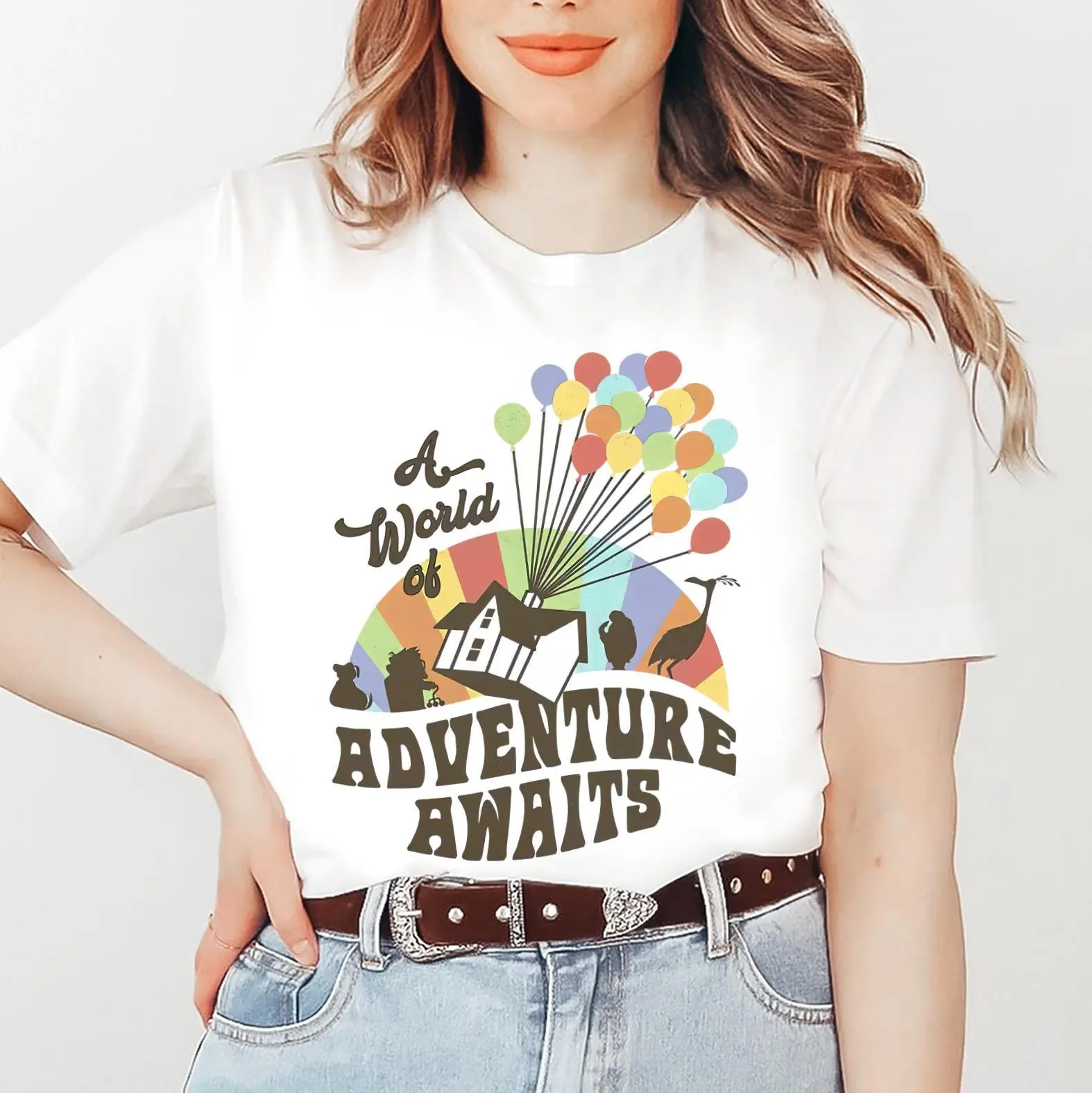 

Рубашка Disney Up A World Of Adventure Awaits, футболка с волшебным королевством, футболка с радужным домиком и воздушными шарами, забавный наряд Диснея