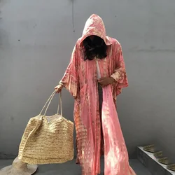 Kaftan-Pareo playero para mujer, ropa Bohemia a rayas con capucha, manga larga de murciélago dividida, talla única, 2021