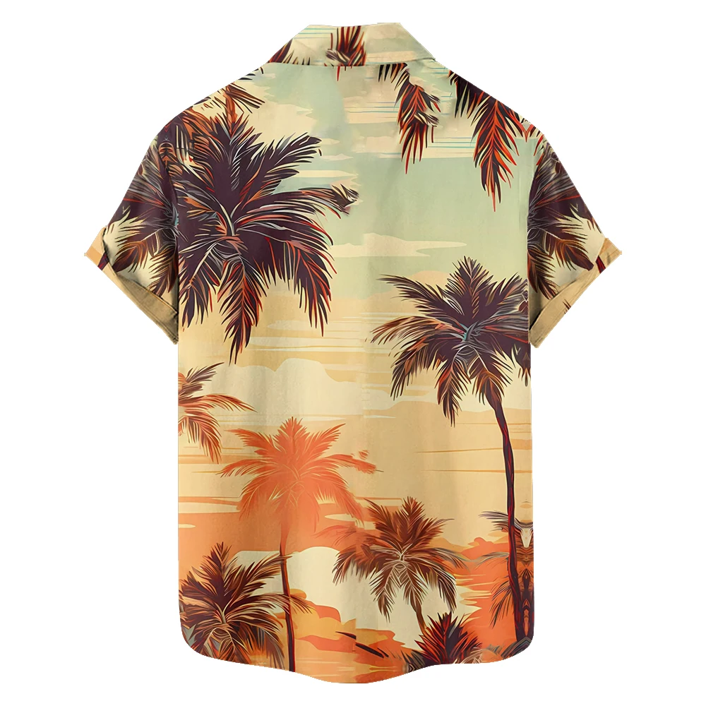 Camisa de manga corta con solapa para hombre, top informal con estampado de atardecer, estilo de vacaciones en la playa, holgado y fino, talla grande, Verano