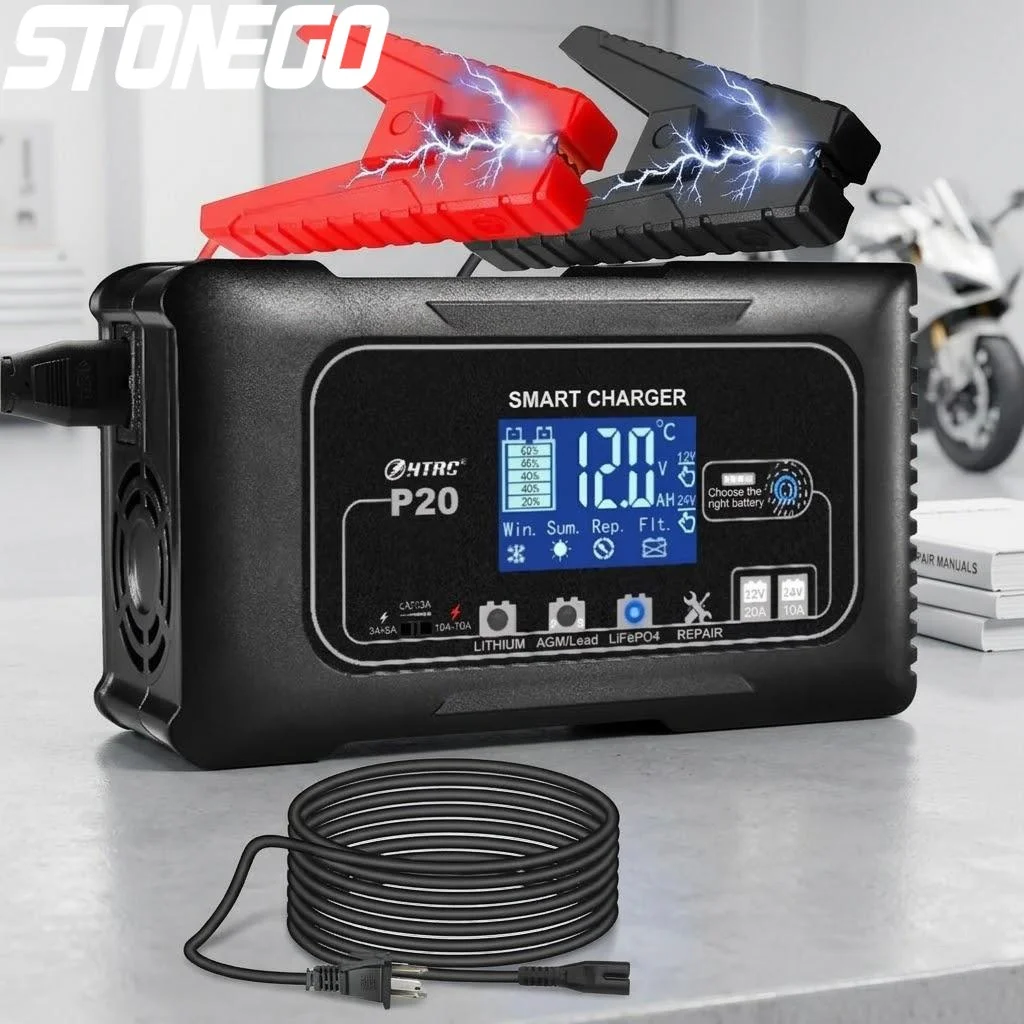 

Зарядное устройство для аккумуляторов 12В/24В 20А с ЖК-дисплеем, импульсное, для квадроциклов, мотоциклов, свинцово-кислотных, AGM, гелевых, литий-ионных АКБ, автомобилей, грузовиков