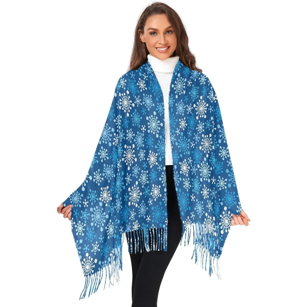 

Blue Winter Christmas Women Wrap Pashmina Shawl, with Snowflakes Winter Warm Long Scarf with Tassels for Evening