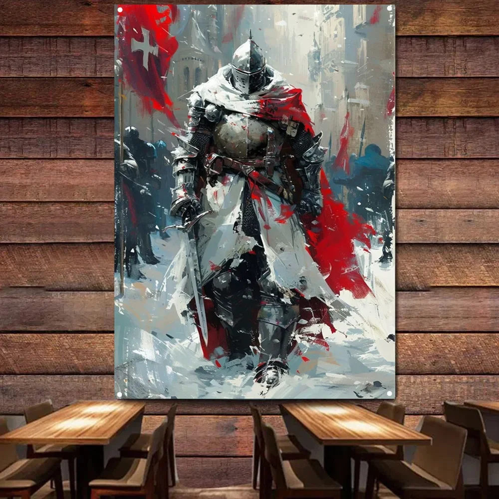 

Masonic Knights Templar Flag Wall Hanging Painting Vintage Crusades Armor Warrior Home Decor Banner Wall Art Poster and Prints