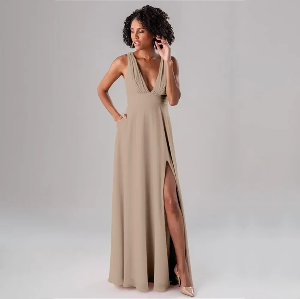 

Evening Dress Woman Prom Dress V Neck Sleeveless A Line Backless Side Split Formal Gowns for Women Party Cocktail Gowns For Gala