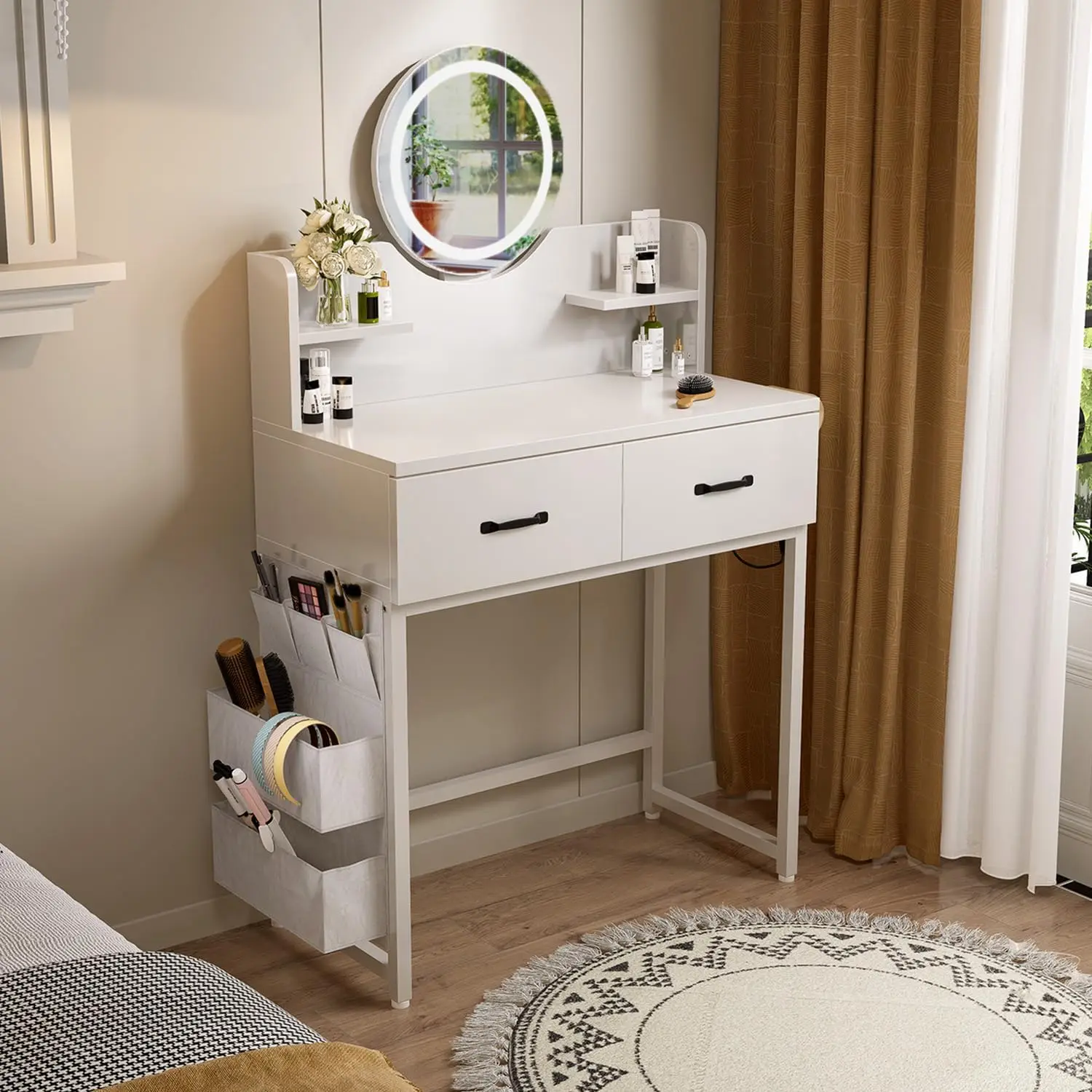 oneinmil White Makeup Vanity Desk with LED Mirror and Charger Station, Small Space Vanity for Bedroom, Adjustable Lighting Modes