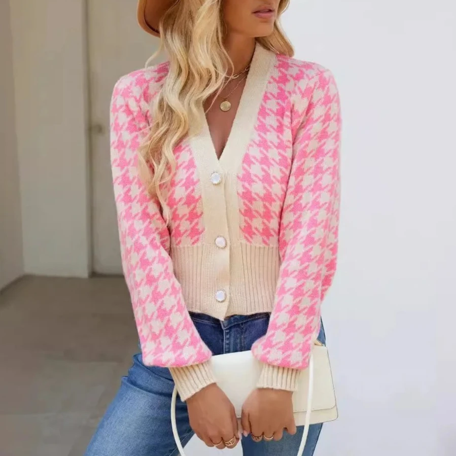 

autumn winter houndstooth jacquard loose V-neck lantern sleeve knitted sweater women's Short knitted cardigan coats for women