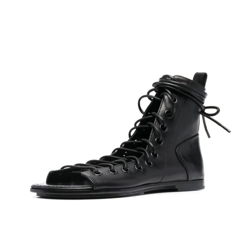 

25 New Round Toe Fish-mouth Flat Cool Boots, Fashionable Cross-laced Side Zipper High Heel High Top Women's Boots