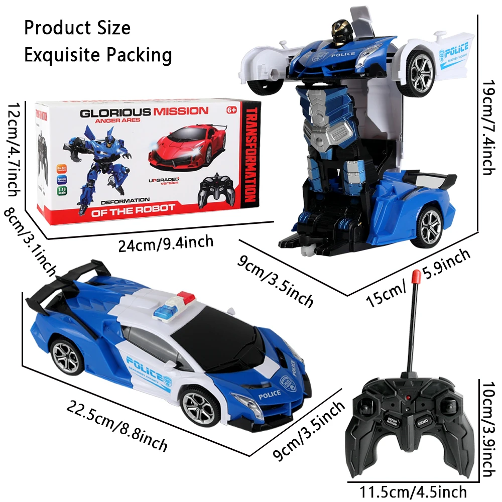 Remote Control Car Transform Car Robot, One Button Deformation to Robot with Flashing Light, 1:18 Scale Transforming Police Car