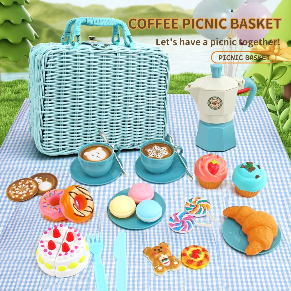 Children Play House Toys Fun Outdoor Picnic Camping Toys Set Handheld Basket Coffee Ice Cream Cake Food Play Toys 30/43Pcs Set