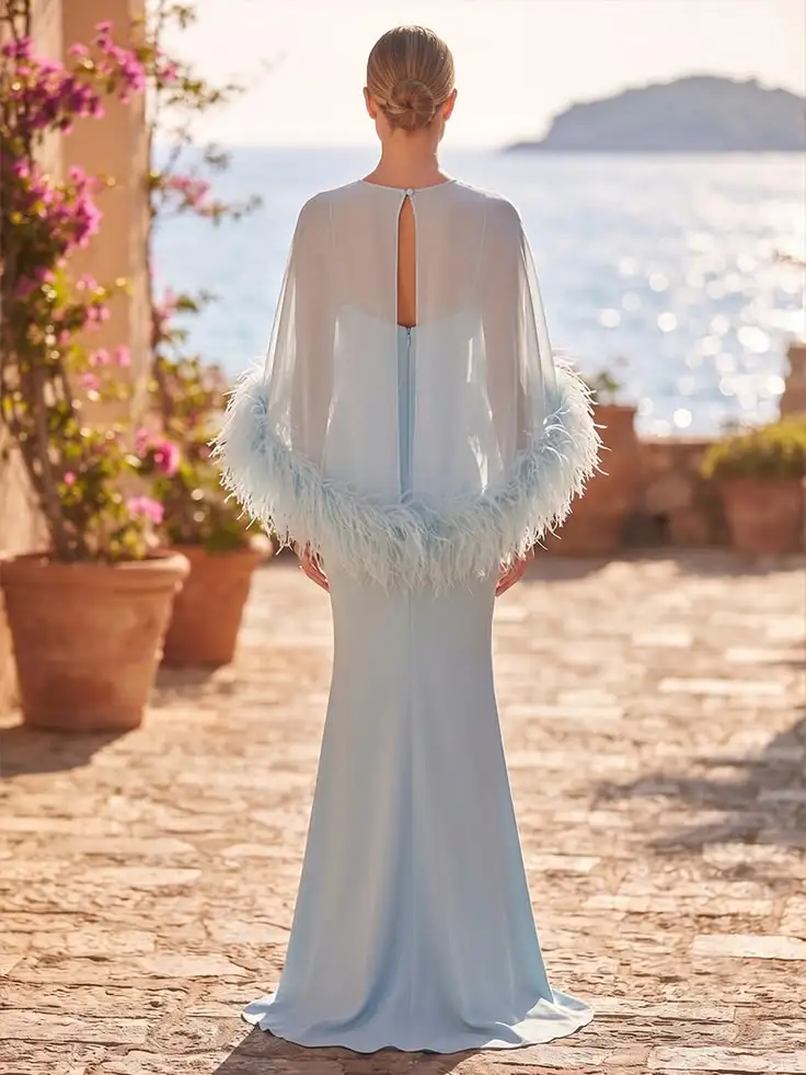 Customied Blue Sheath/Column Scoop Neck Satin Maxi Formal Long Mother of the Bride Dresses with Feather Trim 2026