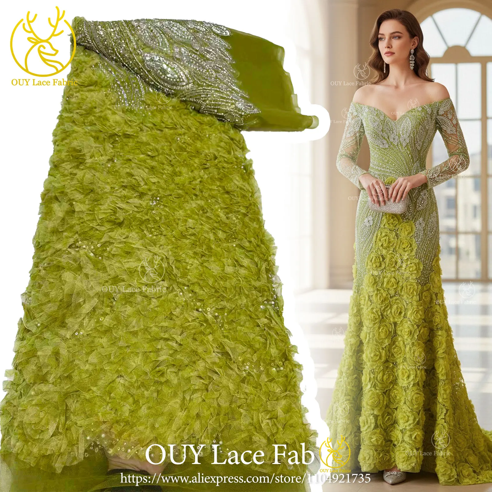 قماش دانتيل ترتر فرنسي أخضر ثلاثي الأبعاد 2026 قماش دانتيل مطرز أفريقي عالي الجودة مثالي لفساتين الحفلات وفساتين الزفاف