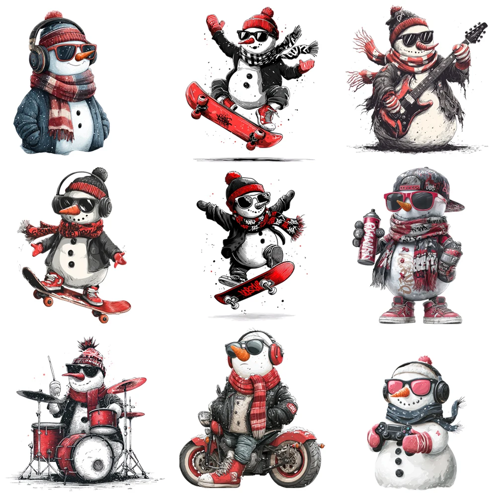 15cm Cool Punk Skiing Snowman With Warmful Scarf Diy DTF Heat Transfer Sticker T-shirt Clothes Decals Iron On Transfer Stickers