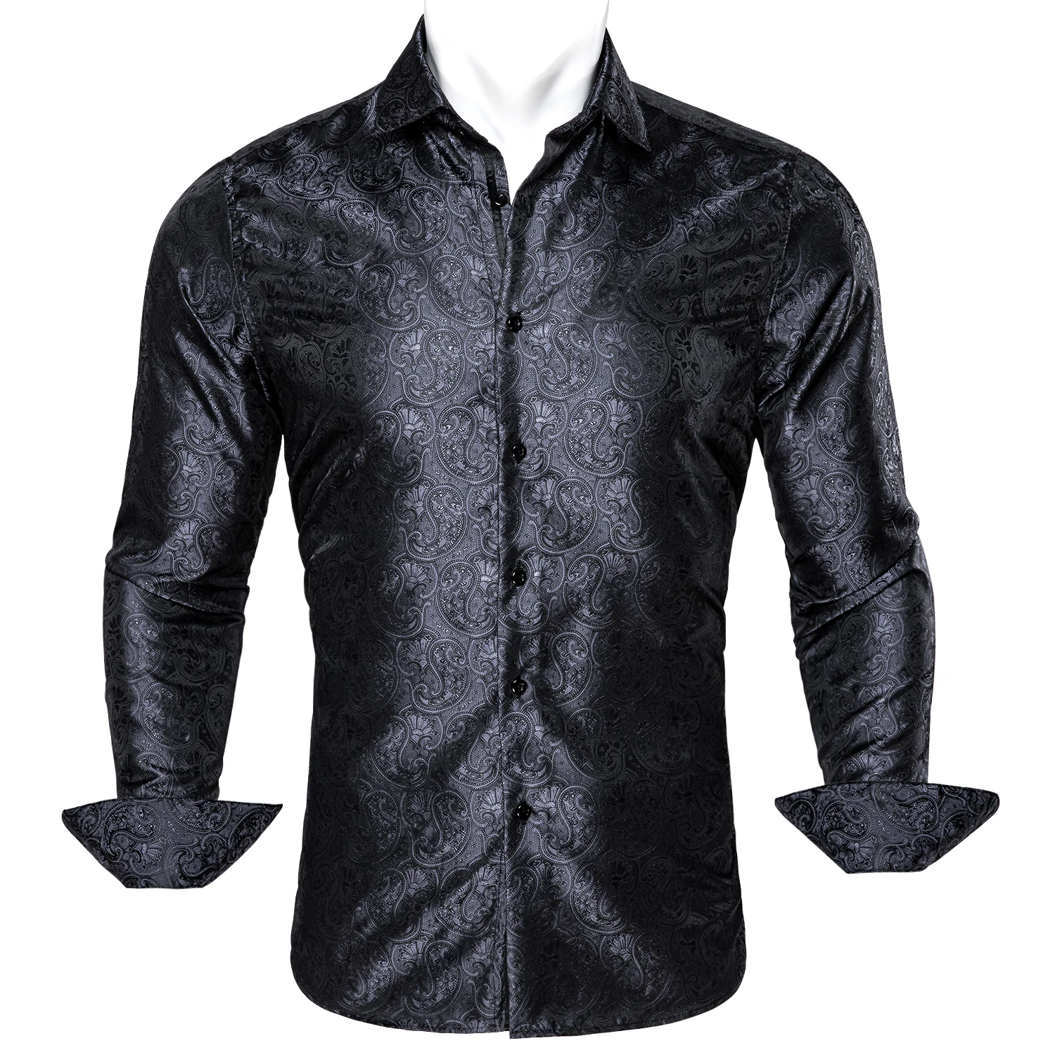 Barry.Wang Luxury Black Paisley Silk Shirts Men Long Sleeve Casual Flower Silver Shirts For Men Designer Fit Dress Shirt BY-0054