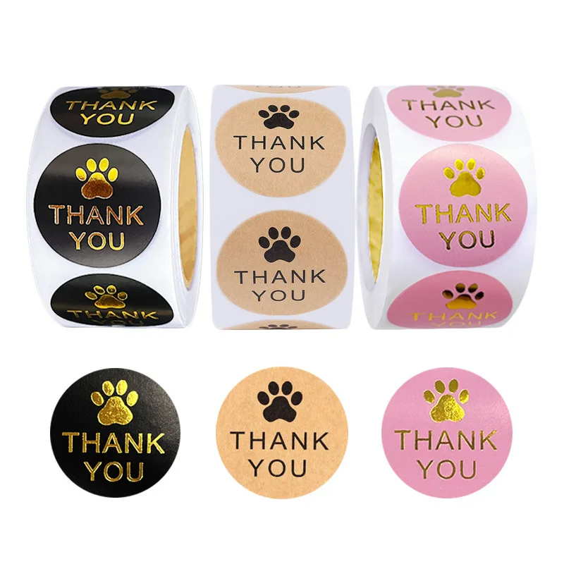 100-500 Pcs 1inch Bronzing Cute Cat Footprint Thank You Kraft Paper Stickers Roll Wedding Decoration Stationery Gift Seal Lable