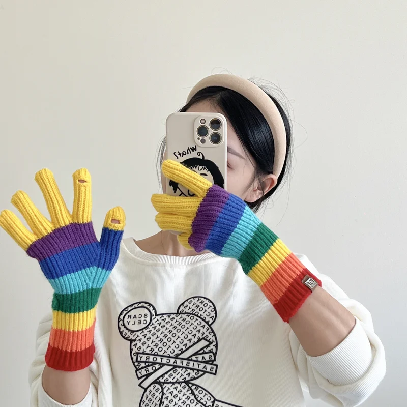 

Touchscreen Cartoon Rainbow Gloves Christmas Full Finger Mittens Thickened Colorful Mitten For Adults For Women