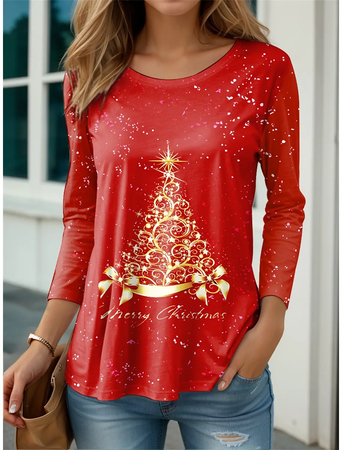 Fashion Women\'s Long Sleeve T shirt 3D Print Christmas Snowman Graphics Tops Funny  Regular Fit Spring/Fall Thin