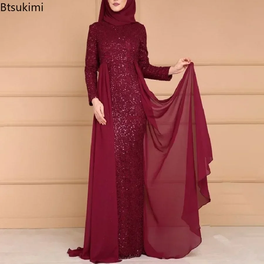 

"Elegant Muslim Abaya Dress for Women – Luxury Sequins Long Evening Gown Slim Fit Islamic Kaftan Robe Saudi Style Party Dress"