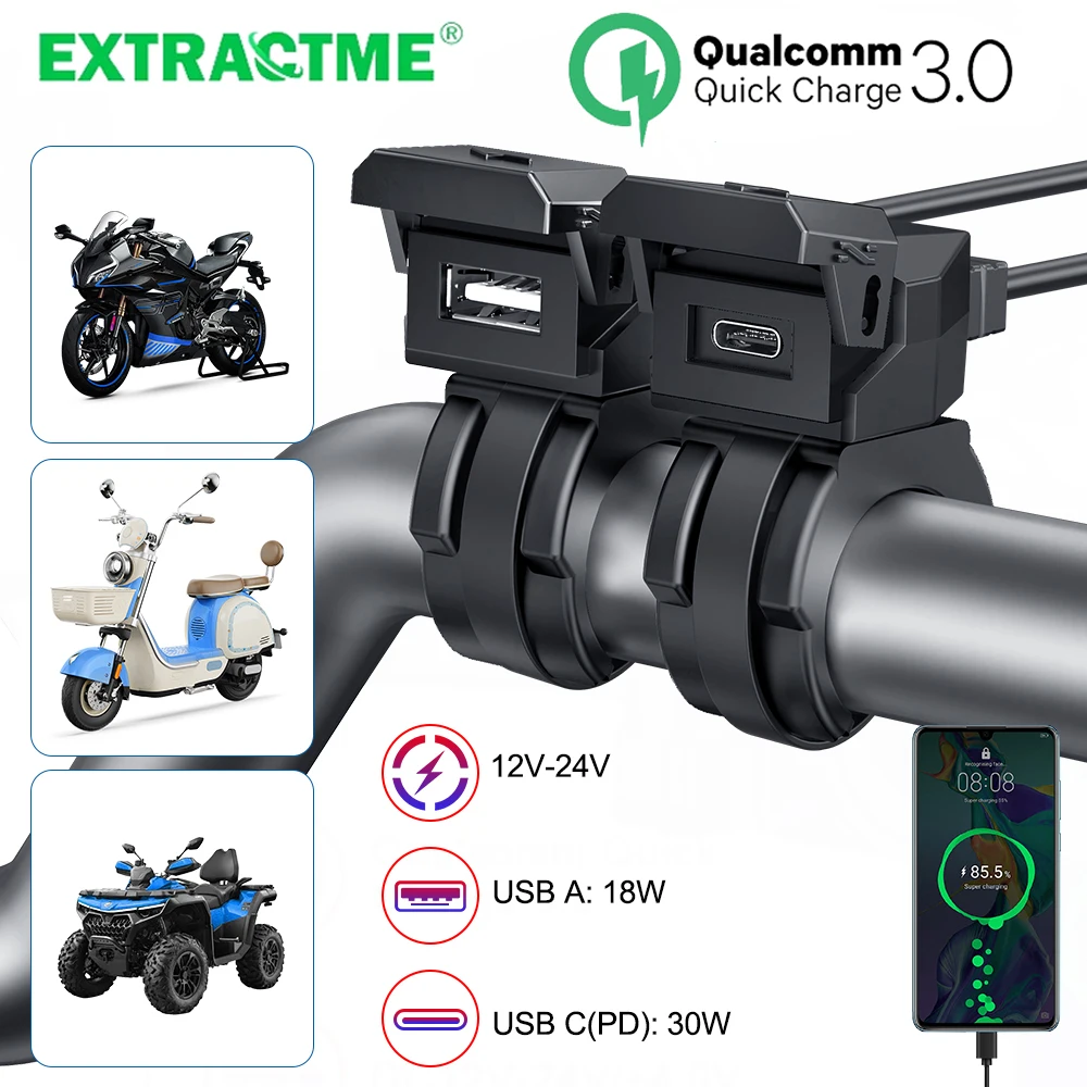 

Extractme Fast Charge PD + QC3.0 Мотоциклетное зарядное устройство для телефона Кронштейн для прикуривателя Порт USB Type-C Адаптер IP66 Водонепроницаемый