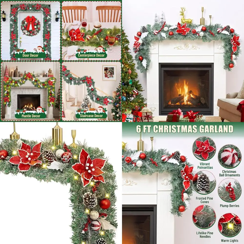 

6-футовая флокированная рождественская гирлянда с огнями, цветами пуансеттии, шишками и ягодами для праздничной мантии, стола, двери и ст.