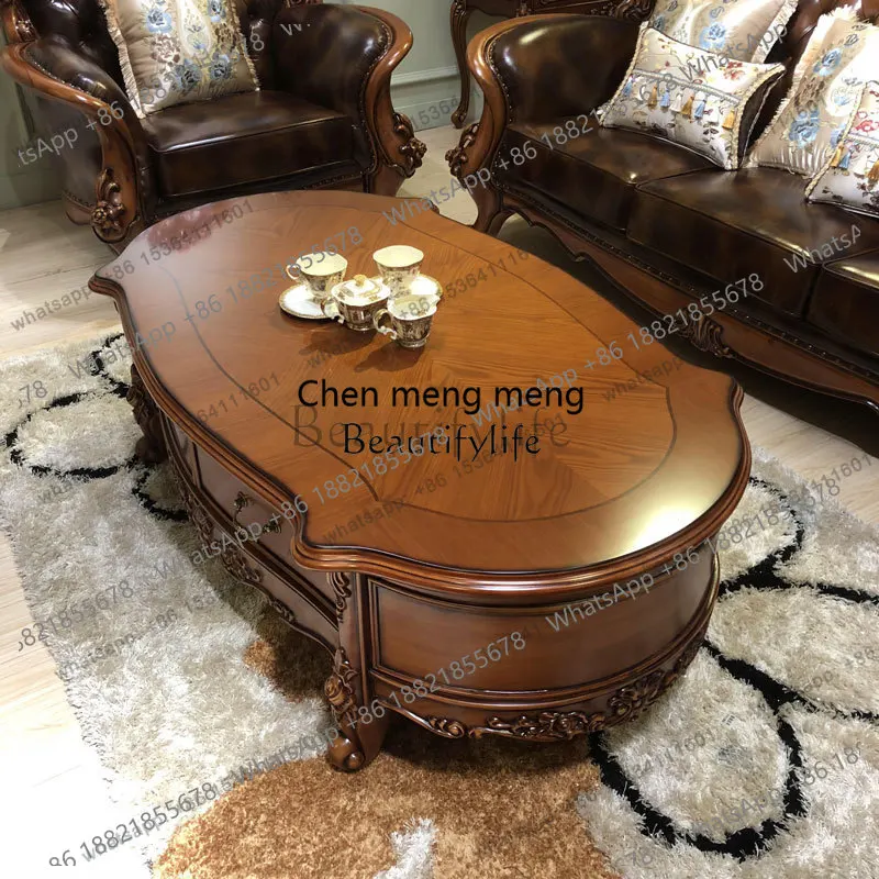 

Европейский кофейный столик из массива дерева, неоклассический чайный столик из массива дерева с резьбой в виде цветов, темно-коричневый, овальный, мебель для гостиной.