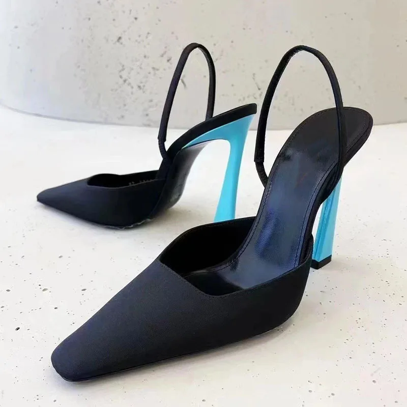 

Sharp Pointed Blue Heel High-heeled Shoes European and American Cross-border Summer New Style Silk Back Empty Flat Strap Sandals