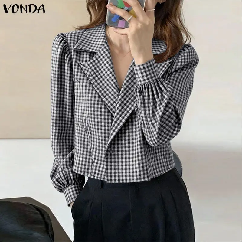 VONDA Elegante Büro Dame Mode Shirts Frauen Langarm Plaid Bluse Herbst Beiläufige Lose Vintage Print Blusas Tops Femininas