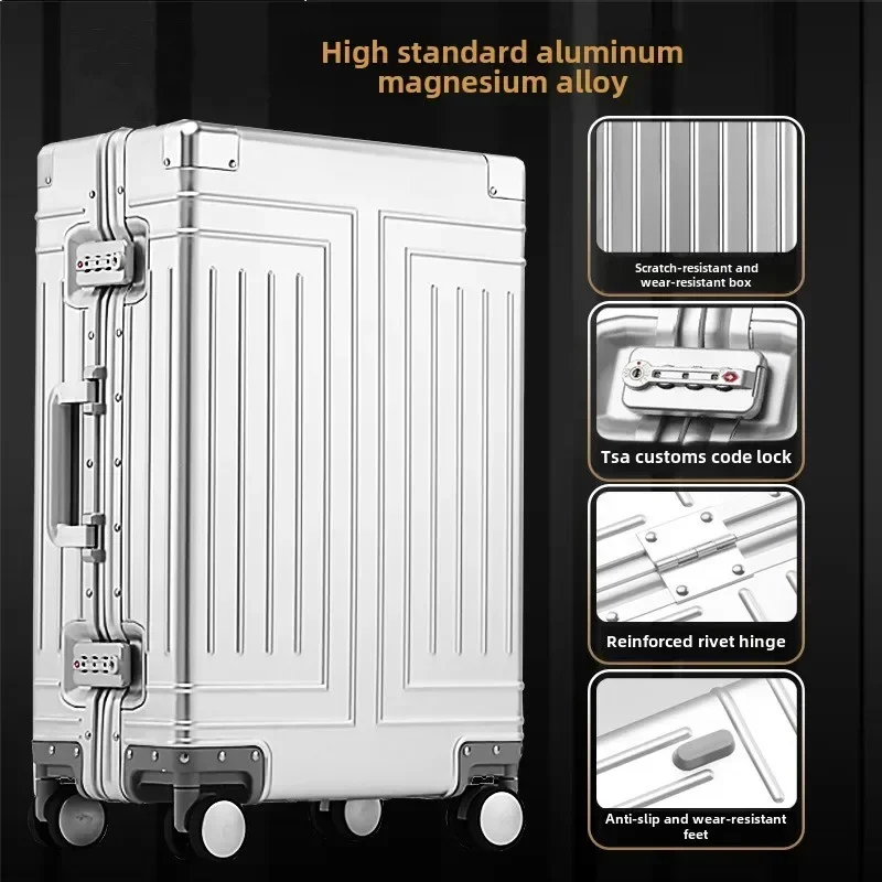 Valigia da viaggio in lega di alluminio-magnesio al 100% Bagaglio a rotelle Valigia da imbarco da 20 28 pollici Trolley Bagagli Valigia da cabina da trasporto