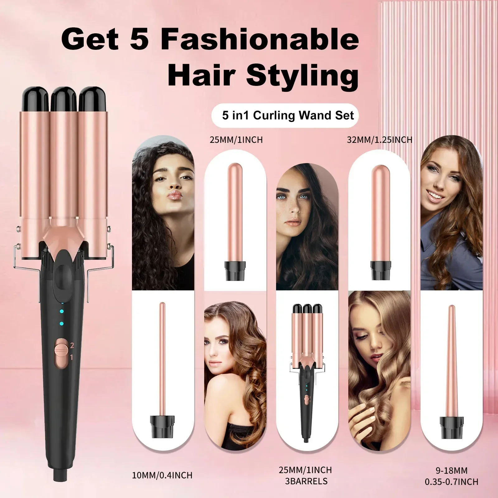 5 in 1 Curling Iron 3 Barrel Hair Crimper Hair Waver Curling Iron with Fast Heating Up Crimper Wand Curler for All Hair Types