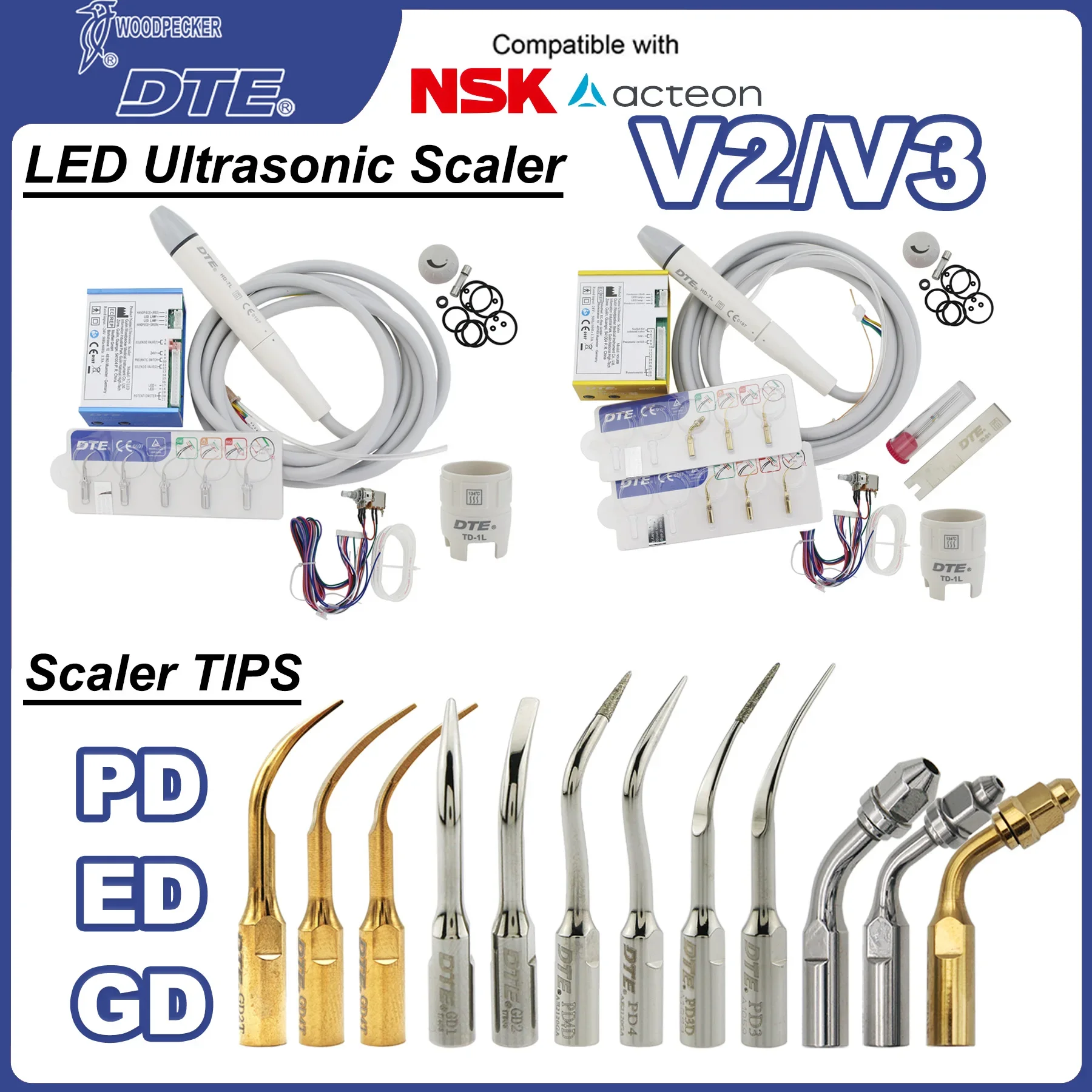 Woodpecker DTE Dental Ultrasonic Scaler Cleaning Tips Scaler Handpiece Cable Tube Endo/Perio Tips V2/V3 Fit NSK SATELEC ACTEON