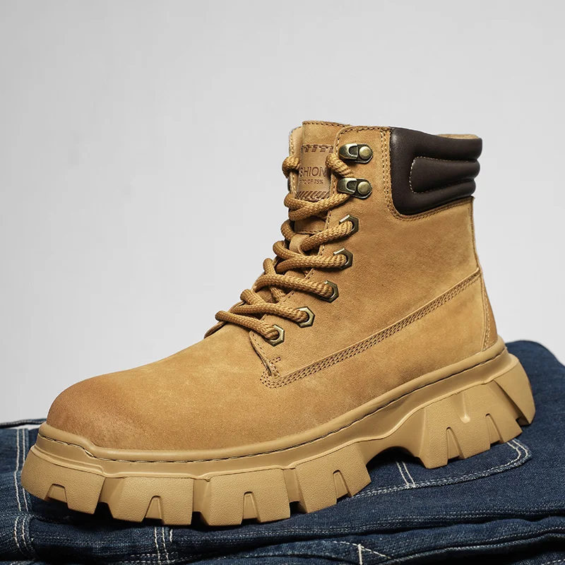 

High top boots for men, British style workwear motorcycle boots, summer black side zipper, mid rise soft leather boots for men