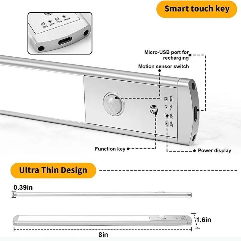 Sem fio recarregável LED gabinete luz, sensor humano lâmpada, armário de vinho, armário, sapato, corredor corredor, 1pc, 2pcs