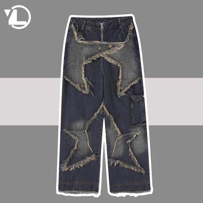 

Vintage Star Patch Jeans Men Women Y2K Grunge Patchwork Oversized Wide Leg Baggy Denim Pants Raw Edge Denim Trousers Unisex New