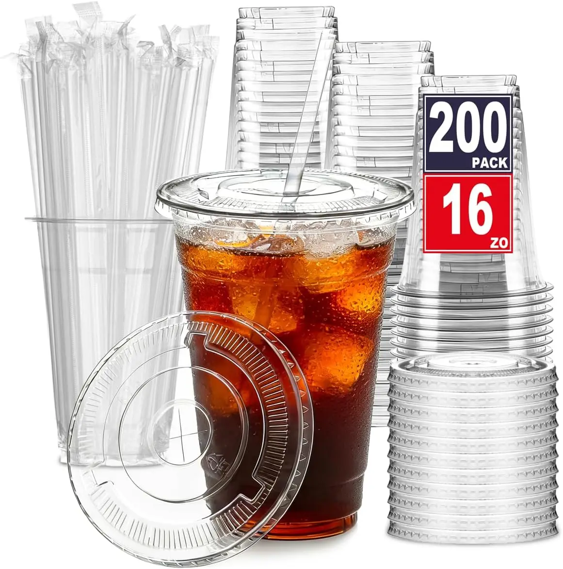 

200 штук - 16-унцевые прозрачные пластиковые стаканы с крышками и трубочками, одноразовые стаканы для холодного кофе с крышками для холодных напитков, Crystal To G