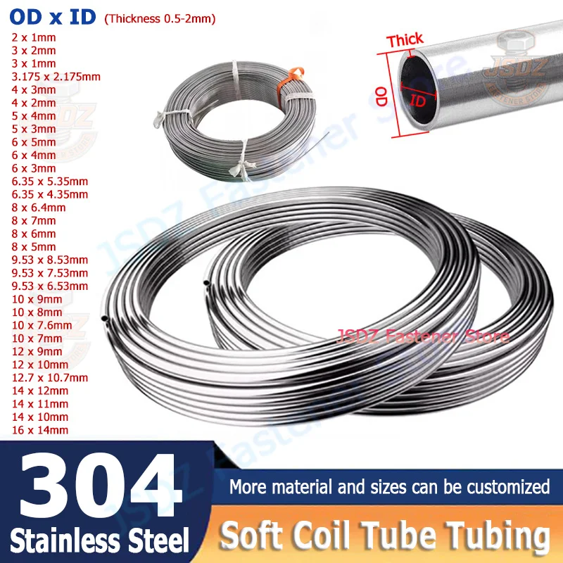 

1M-10M OD 2~16mm 304 Stainless Steel Coil Tubing Hot Water Heating Tube Airs Conditioning Refrigeration Pipes 3/4/5/6/6.35/8/9