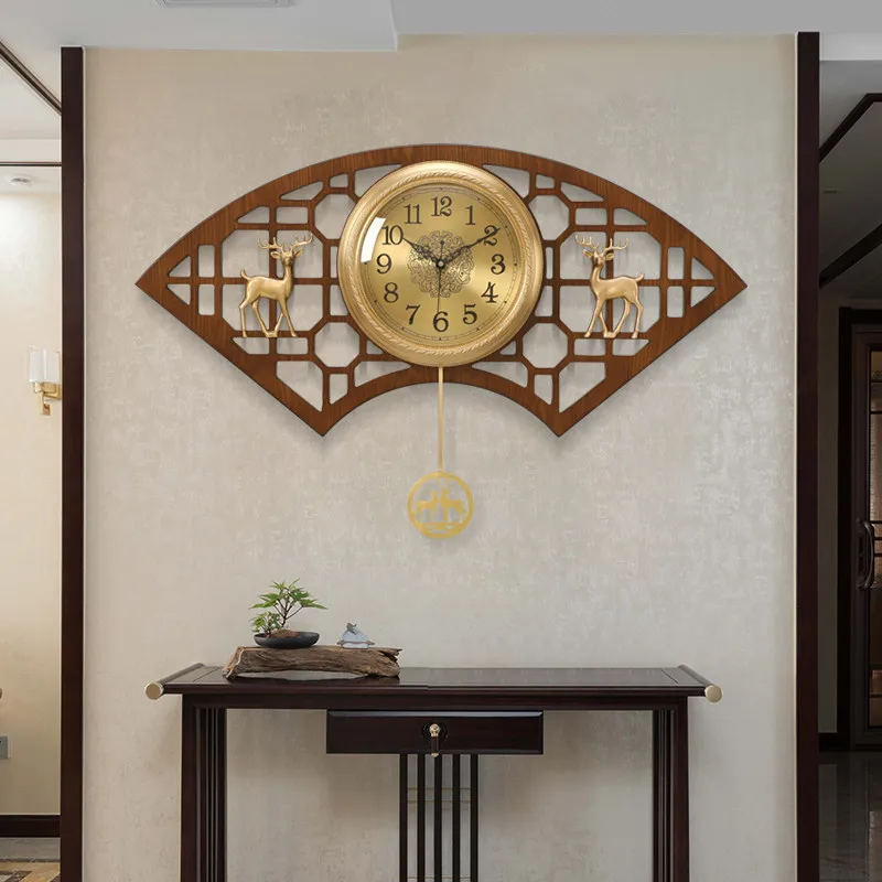 Fan-shaped new Chinese-style clock wall clock living room household light luxury brass silent watch atmospheric clock wall