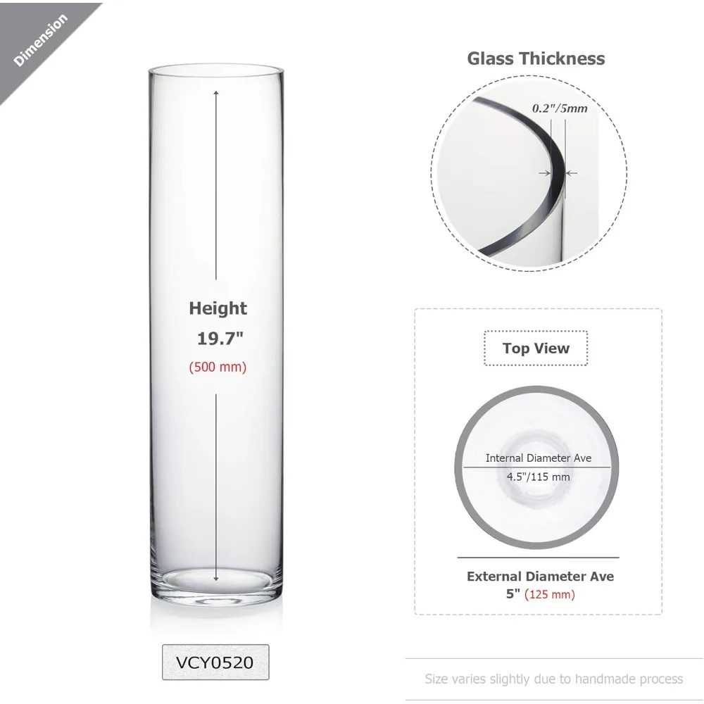 مزهرية أسطوانية زجاجية شفافة، 5 قطر، 20 طولًا، حاوية زراعة زهور لترتيبات قطع مركزية لحفلات الزفاف، أنيقة طويلة