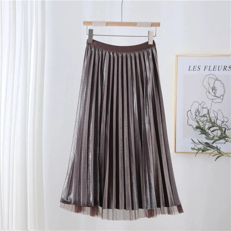 Jupes plissées Vintage en velours doré pour femmes, vêtements Double face, taille haute, longue, nouvelle collection automne, jupes mi-longues en maille polyvalentes
