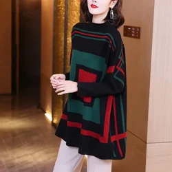 Half Turtleneck Knitted Wool Sweater Women's Pullover Autumn And Winter New Temperament Fashion Loose Sweater Jacquar Pullover