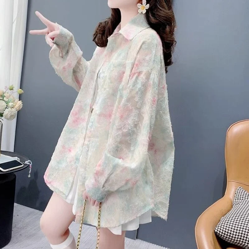 Spring Autumn New Turn-down Collar Fashion Long Sleeve Shirt Women High Street Casual Loose Button Cardigan Elegant Printing Top