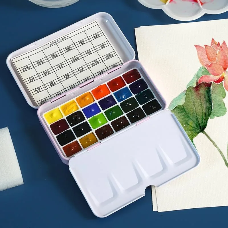 Artist Grade Solid Watercolor Paint Set with 24 and 40 Color Pans in Tin or Plastic Box, 0.5ml 1ml 2ml Refill Pans with Water