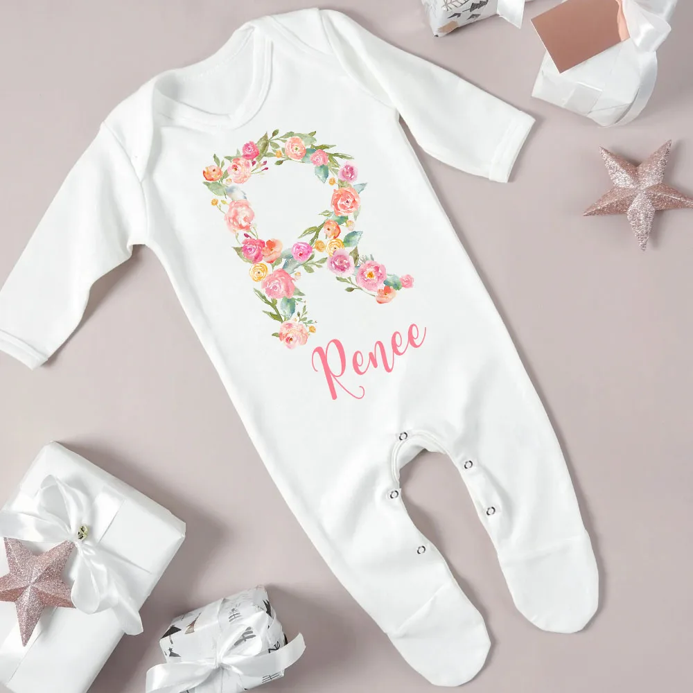 Personalised Flower Letter Babygrow Sleepsuit Custom Name Infant Sleepsuit Baby Coming Home Outfit Newbron Shower Romper Clothes