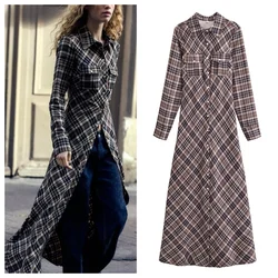 European and American style new style pocket single-breasted long-sleeved plaid dress female fashion retro long skirt coat