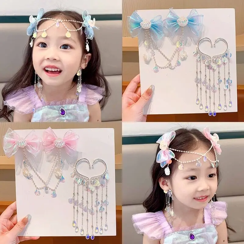 Princess Style Mermaid Ear Hanging Shell Pearl Tassel Bow Forehead Chain Hair Clip Children's Hair Accessories Girl Hair Clip