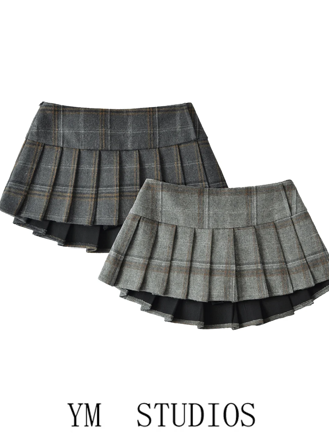 Women's Preppy Plaid Woolen  Skirt Low Waist Anti-Light Pleated A-Line Skirt Polyester Fiber Zipper Style Anti-static