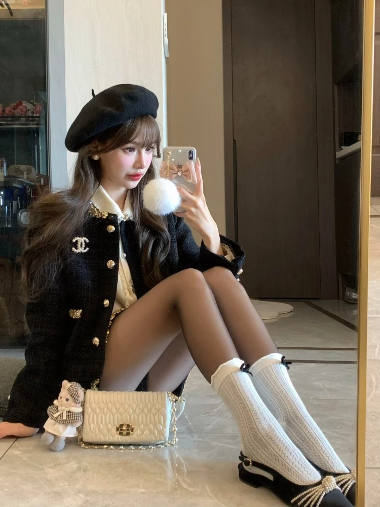 الشتاء الكورية أزياء المرأة قطعتين مجموعة السترة وتنورة مجموعة التخسيس زر مكتب سيدة عارضة تويد دعوى الملابس النسائية