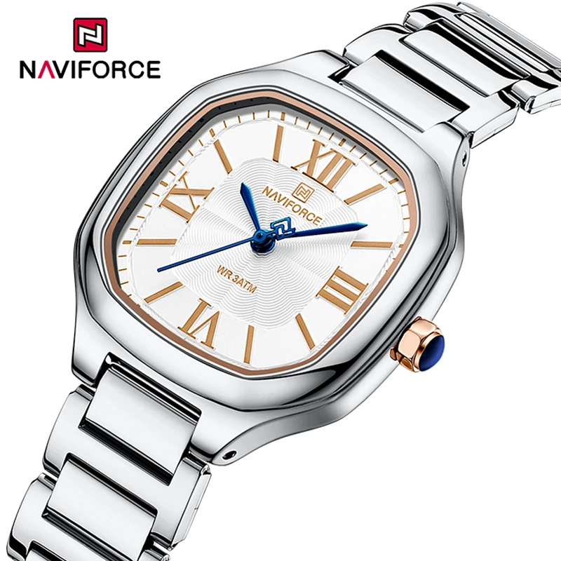 NAVIFORCE Lady Simple Fashion Quartz Wristwatch Women Stainless Steel Watch Waterproof Square-Shaped Dial Creative Female Clock