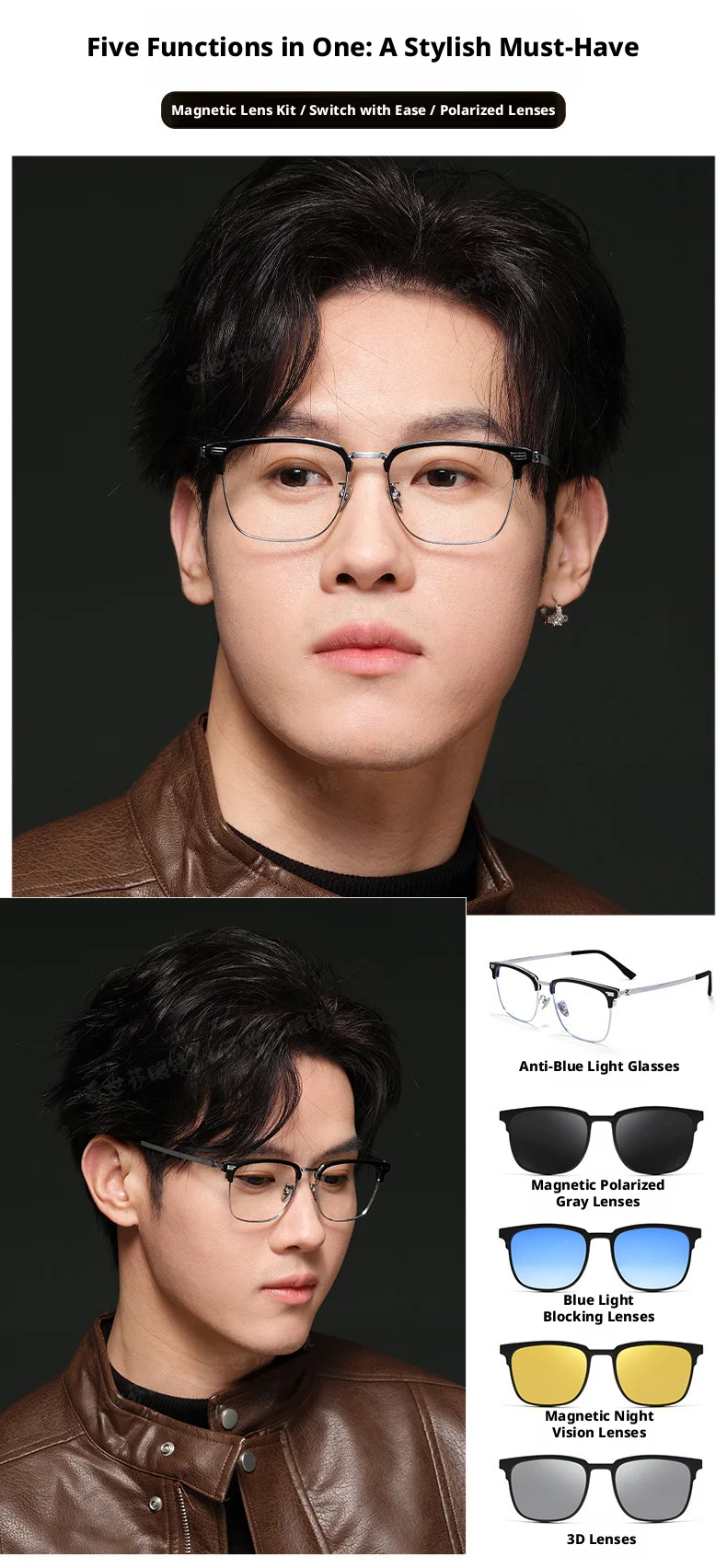 Hochwertige, ultraleichte Anti-UV-3D-Filmbrille mit polarisiertem magnetischem Clip-On-Brillengestell für Herren, Vintage-Titanbrille 9688ZM – Detail 2