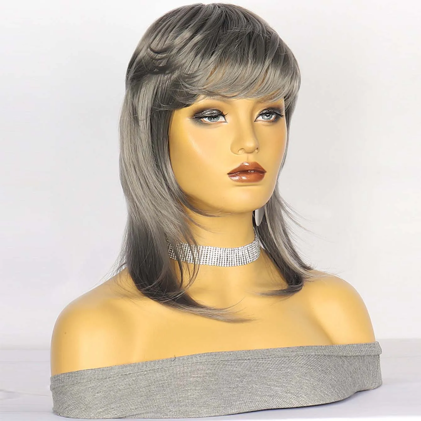 Short Straight Mullet Head Gray Wig Synthetic Girl Anime Cosplay   Hair Wig for Women Daily Party