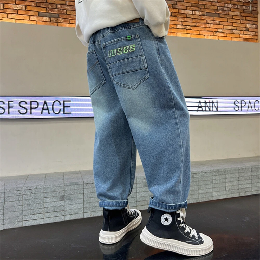 Boy Jeans For Teenage Casual Style Letter Pattern Loose Pants For Children Toddler Kids Clothes 4 6 8 9 10 11 12 13 14 Years