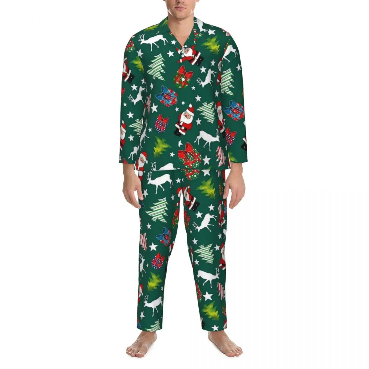 Christmas Santa Pattern Green Pajamas Set Cute Sleepwear Couple Long Sleeve Casual Loose Room 2 Pieces Home Suit Large Size 2XL